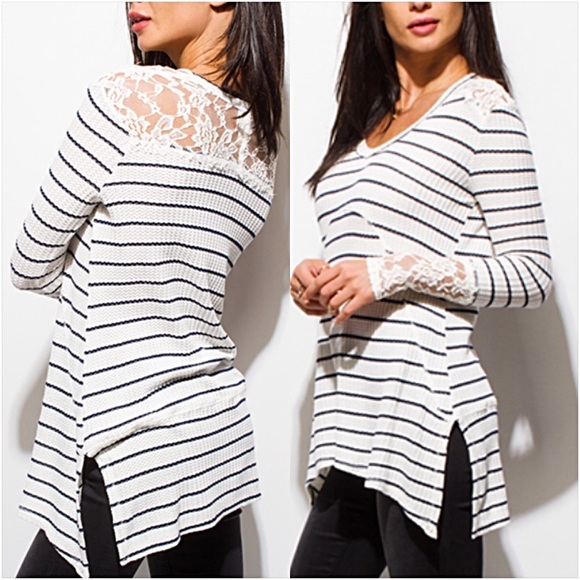 Sassy Lace Striped Hi Low Flowy Tunic Top SM - Picture 3 of 8